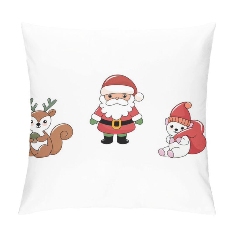 Personality  Cute Cartoon-style Christmas Illustration. A Set Of Festive Items: Santa Claus, Christmas Tree, Gifts, Christmas Tree Toy, Polar Bear With A Bag Of Gifts, Reindeer, Lollipop, Snow Globe With Fireplace, Christmas Sock With Gifts. Bright And Colorful E Pillow Covers