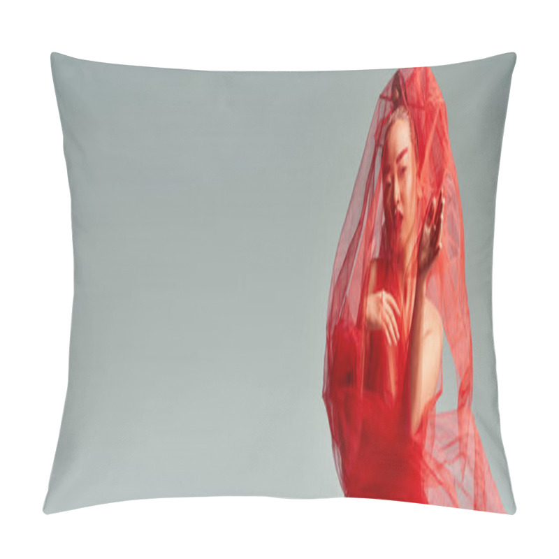 Personality  Asian Woman In Red Dress And Veil Poses Gracefully. Pillow Covers