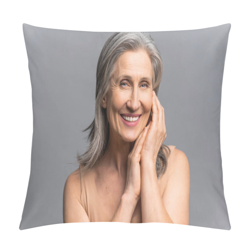 Personality  Enchanting Senior Lady Touching Face Gently, Enjoying Her Age Pillow Covers