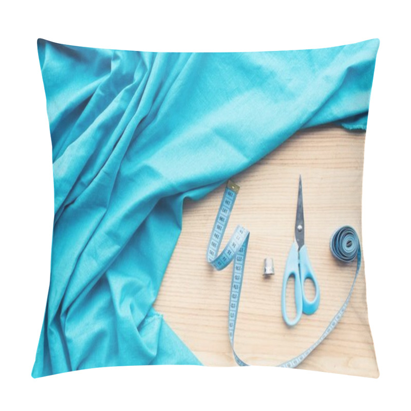 Personality  Top View Of Wooden Table With Blue Fabric, Scissors, Measuring Tape And Thimble Pillow Covers