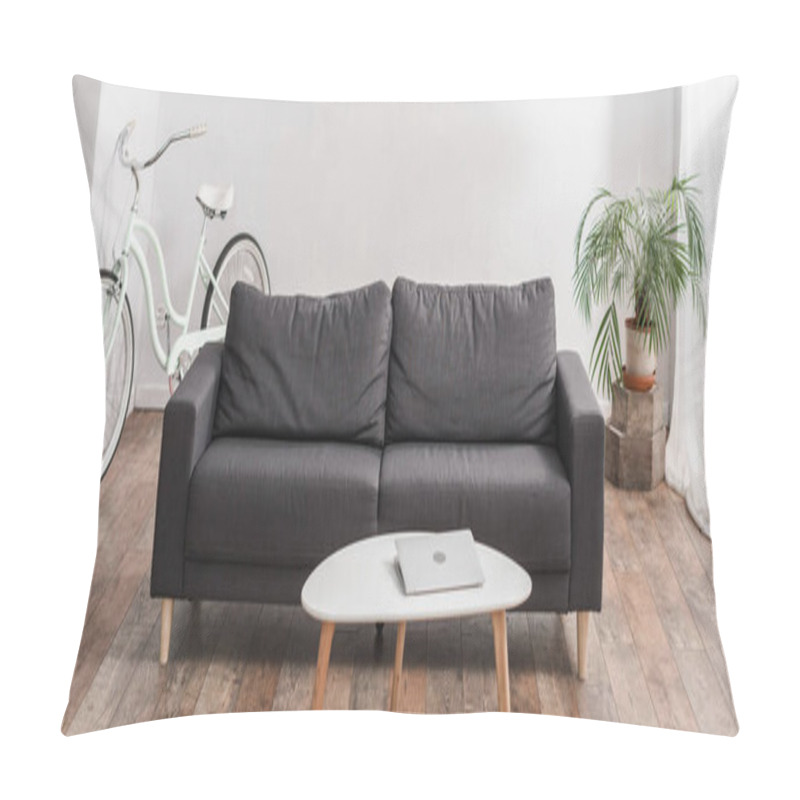 Personality  Laptop On Coffee Table Near Grey Couch And Plant In Modern Apartment, Banner Pillow Covers