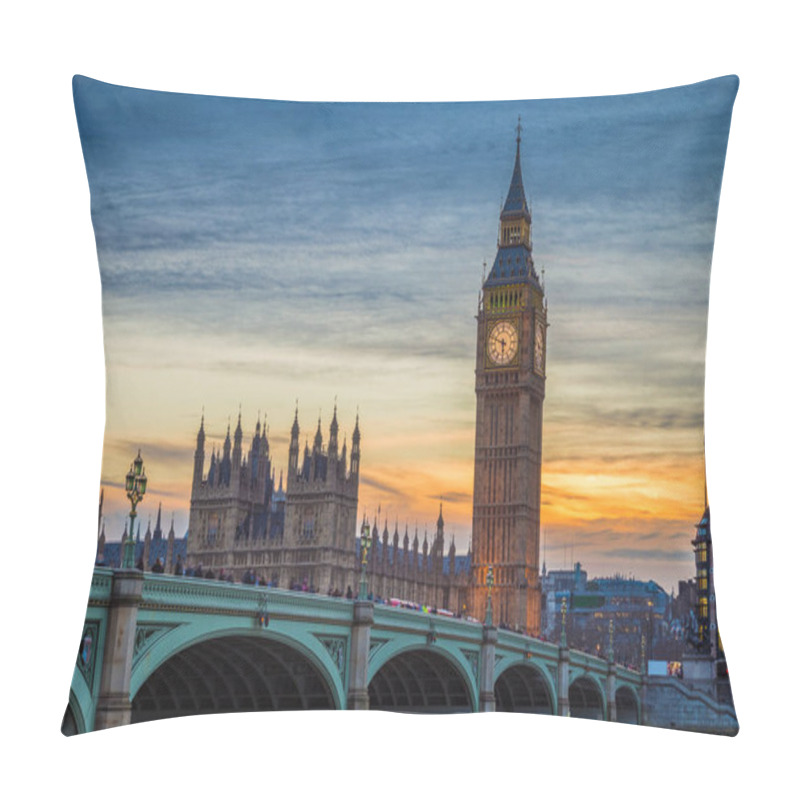 Personality  London, England - The Iconic Big Ben, Houses Of Parliamen And Westminster Bridge At Sunset With Beautiful Sky Pillow Covers