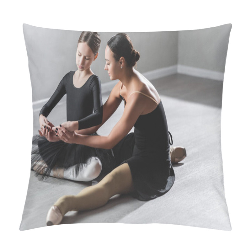 Personality  Ballet Teacher Touching Hands Of Girl Sitting With Crossed Legs During Dance Lesson Pillow Covers