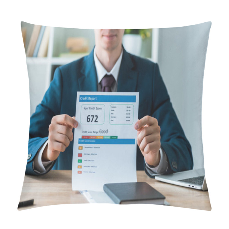 Personality  Selective Focus Of Man Holding Document With Credit Report Lettering Near Laptop In Office  Pillow Covers