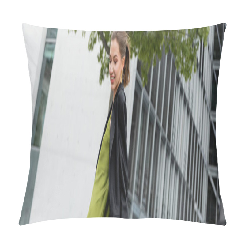 Personality  Smiling Stylish Fair Haired Woman In Silk Dress And Black Jacket Standing On Urban Street, Banner  Pillow Covers