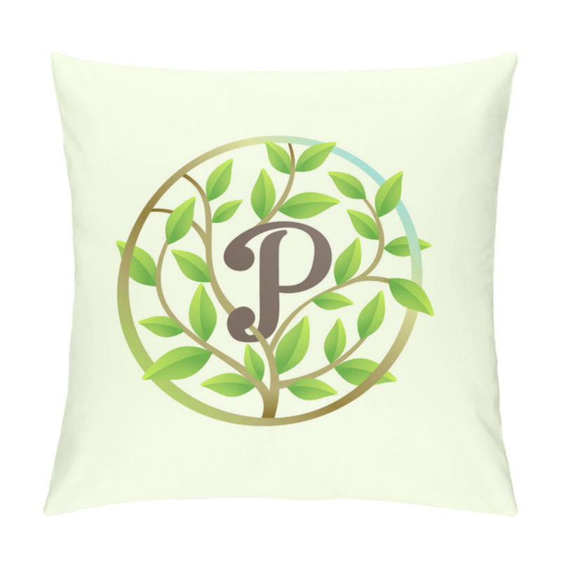 Personality  P Letter Logo Made Of Twisted Tree Branches And Green Leaves In Circle. Ecology Vector Font For Vegan Emblem, Botanical Identity, Creative Spring T-shirts, Organic Merchandise. Pillow Covers