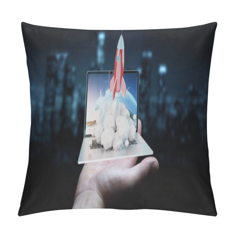 Personality  Businessman With Rocket Launching From A Laptop 3D Rendering Pillow Covers