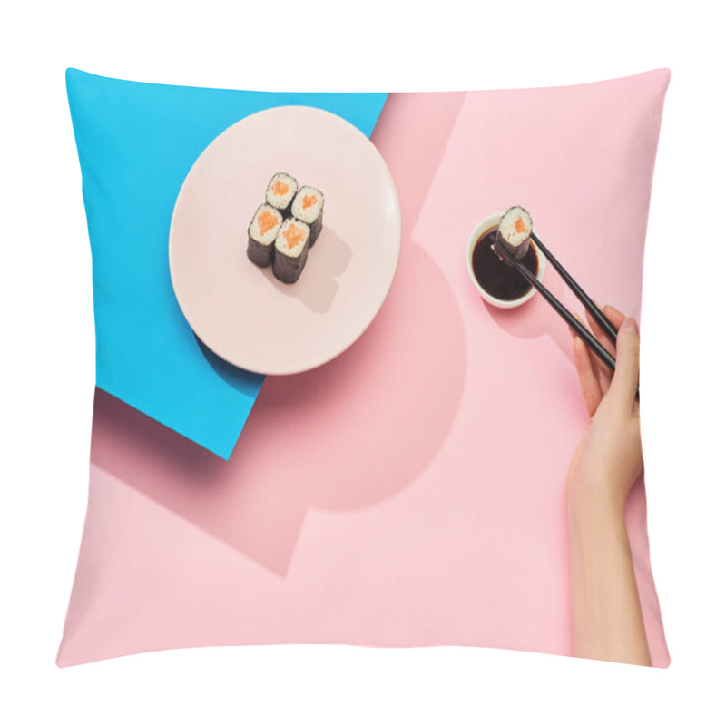 Personality  Cropped View Of Woman Eating Fresh Maki With Salmon Near Soy Sauce On Blue, Pink Background Pillow Covers