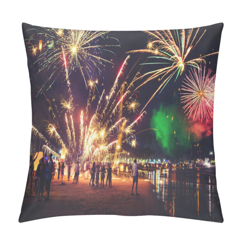 Personality  Fireworks With Silhouettes Of People In A Holiday Events.New Year Fireworks On The Beach. Travelers And People Celebrate New Year Day At Kamala Beach Phuket, Thailand. Pillow Covers