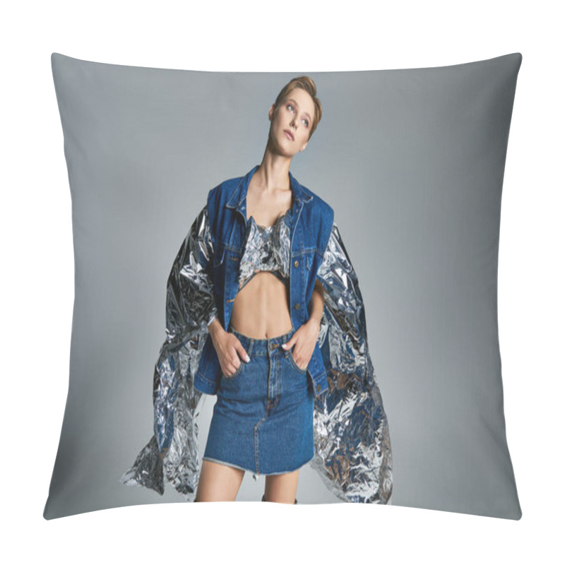 Personality  A Woman In Denim Stands With Her Hands In Her Pockets, Surrounded By A Shimmering Silver Cape. Pillow Covers