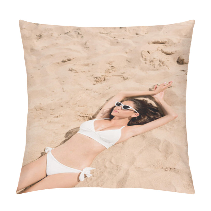 Personality  Top View Of Young Woman In Sunglasses And White Bikini Sunbathing On Sandy Beach Pillow Covers