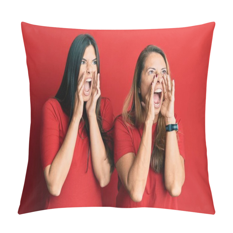 Personality  Hispanic Family Of Mother And Daughter Wearing Casual Clothes Over Red Background Shouting Angry Out Loud With Hands Over Mouth  Pillow Covers