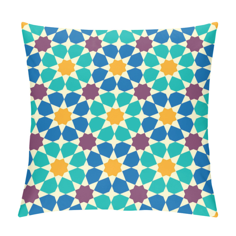 Personality  Moroccan Seamless Pattern, Morocco. Patchwork Mosaic Traditional Folk Geometric Ornament Blue Teal Mauve Orange White. Tribal Oriental Style. Can Be Used For Fabrics, Wallpapers, Websites. Vector Illustration Pillow Covers