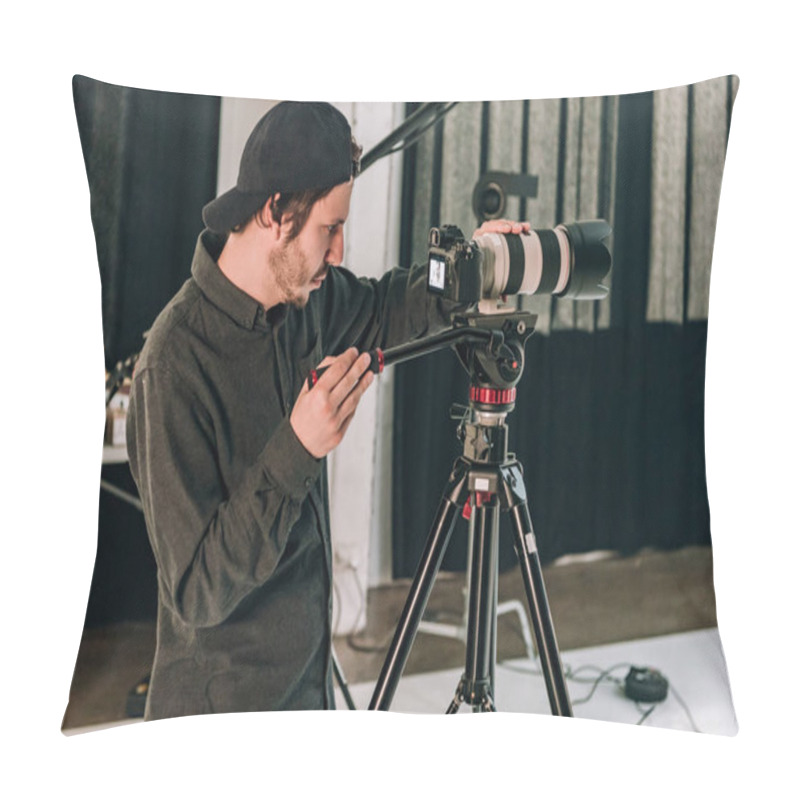 Personality  Side View Of Cameraman Working In Photo Studio  Pillow Covers