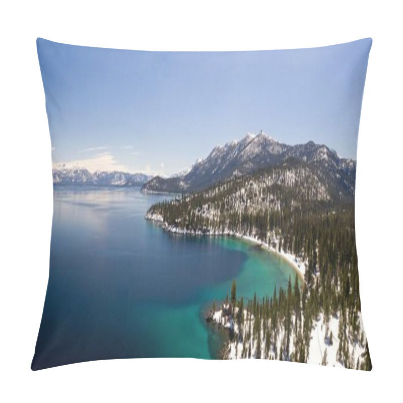 Personality  Panoramic Shot Of The Hills And The Forest Surrounding The Lake Tahoe In Winter Pillow Covers