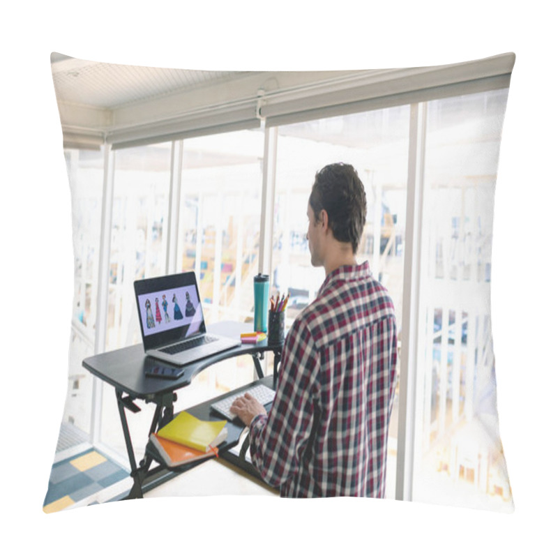 Personality  Rear View Of Caucasian Male Graphic Designer Working On Laptop At Desk In Office Pillow Covers