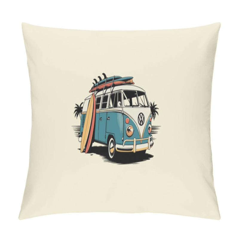 Personality  Classic Cars Carrying Surf Boards Past The Beach Vector Flat Design Pillow Covers