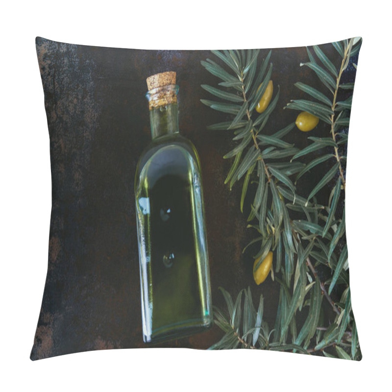 Personality  Top View Of Bottle Of Tasty Olive Oil, Twigs And Olives On Shabby Surface Pillow Covers