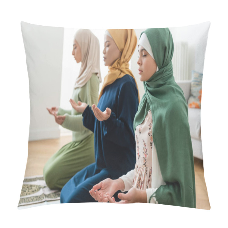 Personality  Teenager Praying Near Blurred Multiethnic Family At Home  Pillow Covers