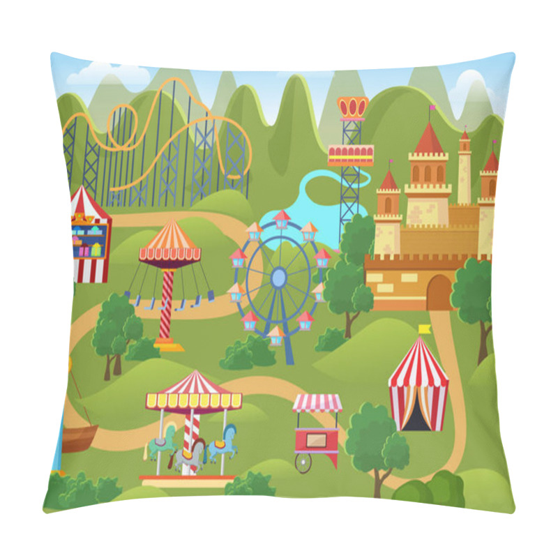 Personality  Amusement Park Concept Landscape Map With Flat Fairground Elements, Castle, Mountains Cartoon Vector Illustration. Pillow Covers