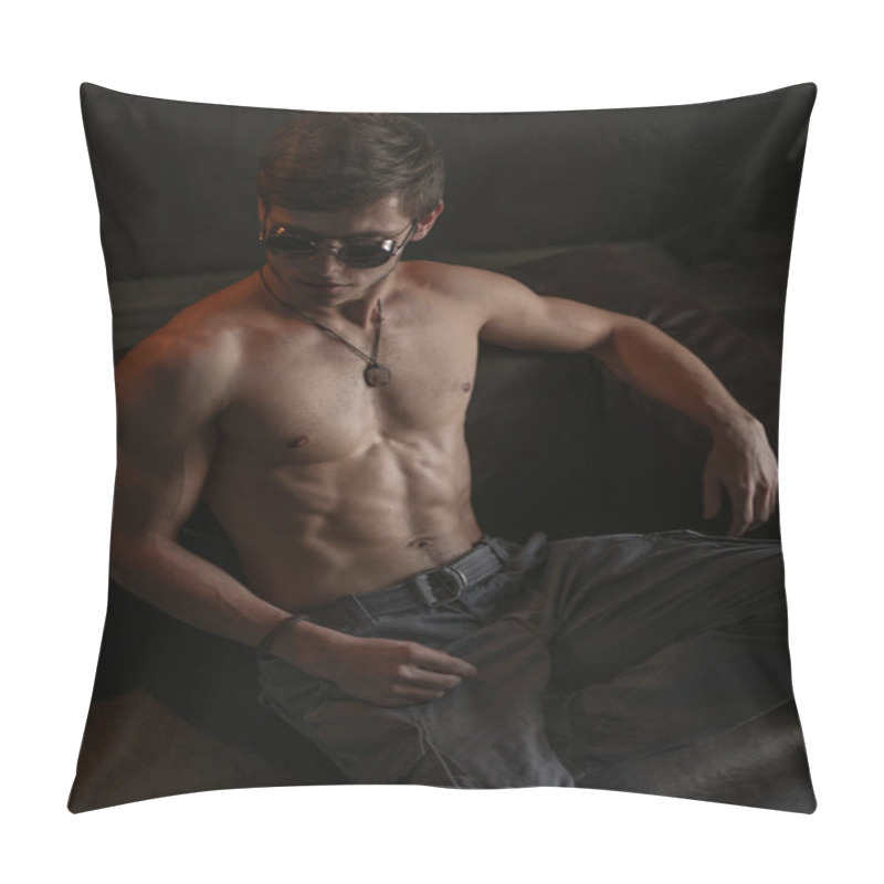 Personality  Hot, Stylish, Self-confident And Narcissistic Macho Man With Athletic Body (naked Torso With Sexy Abdominal) Wearing Sunglasses Is Posing Indoors On The Leather Sofa   Pillow Covers