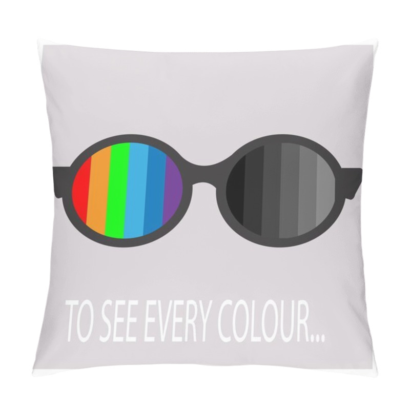 Personality  Color Blindness Concept Vector Illustration. Glasses With Different Colours With One Side And In Grey Colours In Another. Test, Examination, Healthcare Pillow Covers