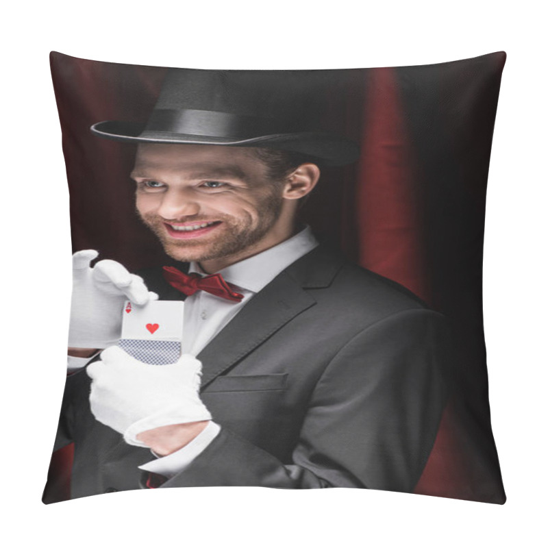 Personality  Smiling Magician Holding Playing Cards In Circus With Red Curtains Pillow Covers