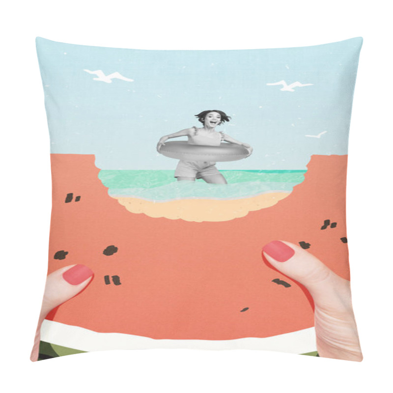 Personality  Creative Vertical Composite Collage Of Big Arms Hold Watermelon Girl Black White Colors Swimming Hold Ring. Pillow Covers