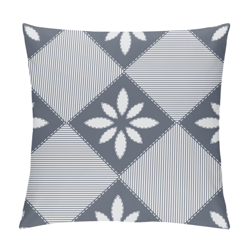 Personality  Seamless Vector Pattern Dark Gray And White Cheater Quilt Diamond Shapes With Flowers And Stripes. Vector Illustration Pillow Covers