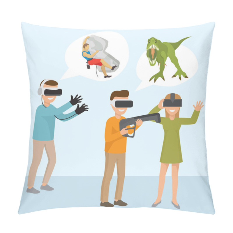 Personality  Virtual Reality. Man With A Gun And Girl Wearing Virtual Reality Glasses In The Mesozoic Jungle. Adventures Among Dinosaurs. Fighting Tyrannosaurus. Climbing Rocks In Vr. Vector Illustration. Pillow Covers