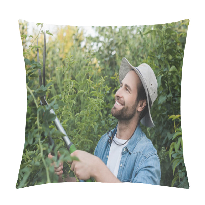 Personality  Positive Gardener In Brim Hat Trimming Green Bushes With Secateurs Pillow Covers