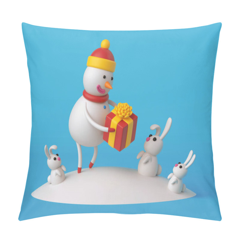 Personality  Snowman Giving  Gift To White Rabbits Pillow Covers