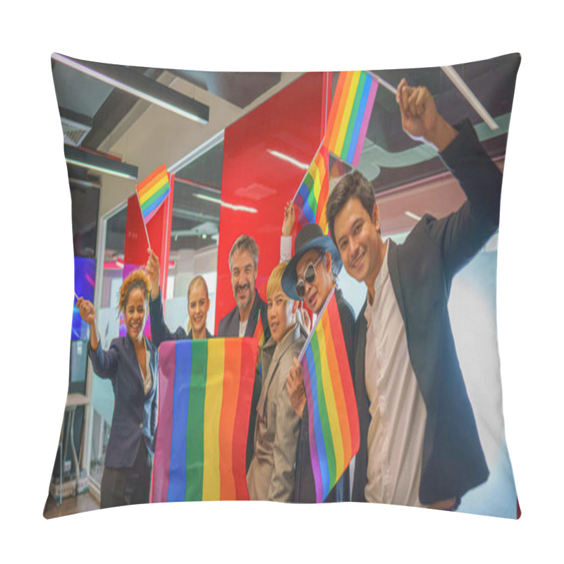 Personality  Diverse Group Of Business People (man, Woman, Gay, Transgender, Lesbian, Asian, Caucasian, African American, Lgbtq) With Rainbow Flag On Hand Combine Together As Teamwork In Office, Selective Focused Pillow Covers