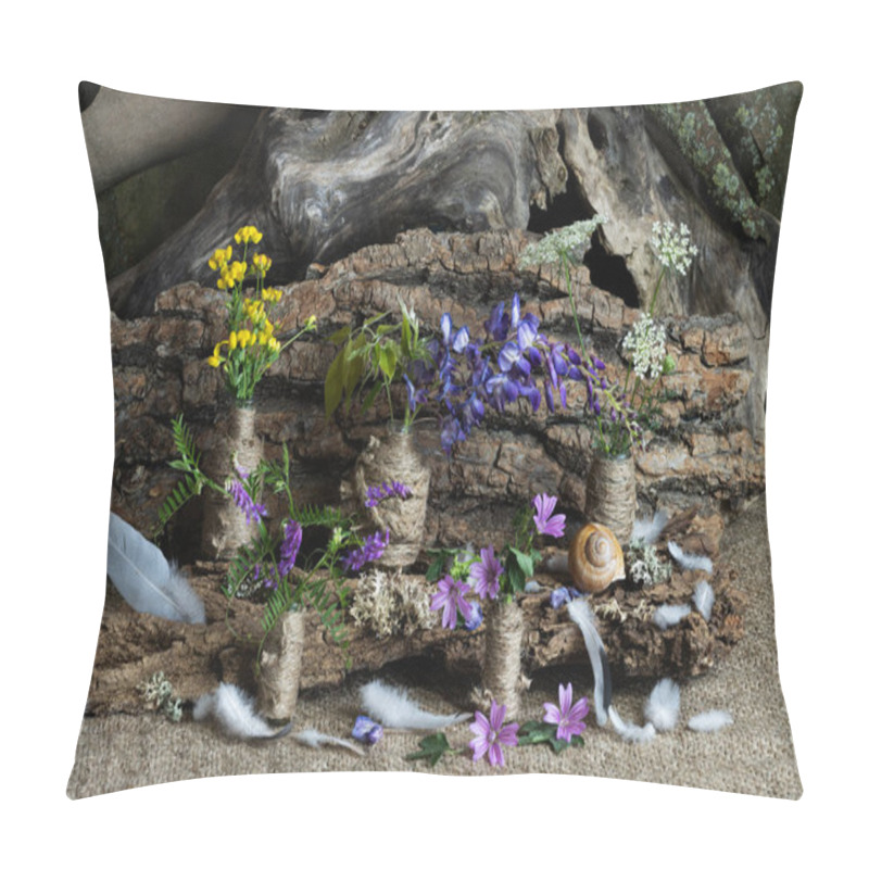 Personality  Composition, Ikebana, Still Life Of Summer Wildflowers, Tree Roots, Snail Shell, Bird Feathers, Field Grass Spikes. Pillow Covers