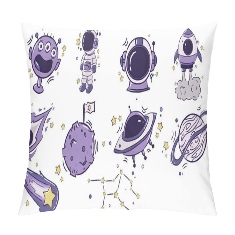 Personality  Cartoon Illustrations Featuring Space Exploration Elements Like Astronaut, Spaceship, Planets, And Stars Create A Whimsical Cosmic Adventure Pillow Covers