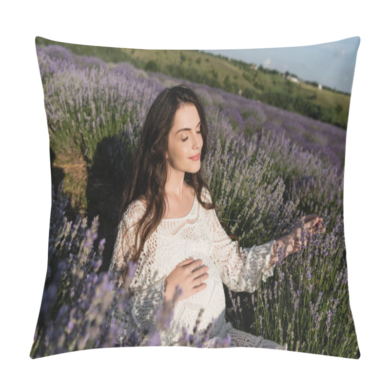 Personality  Pleased Pregnant Woman In Openwork Dress Sitting In Lavender Field Pillow Covers