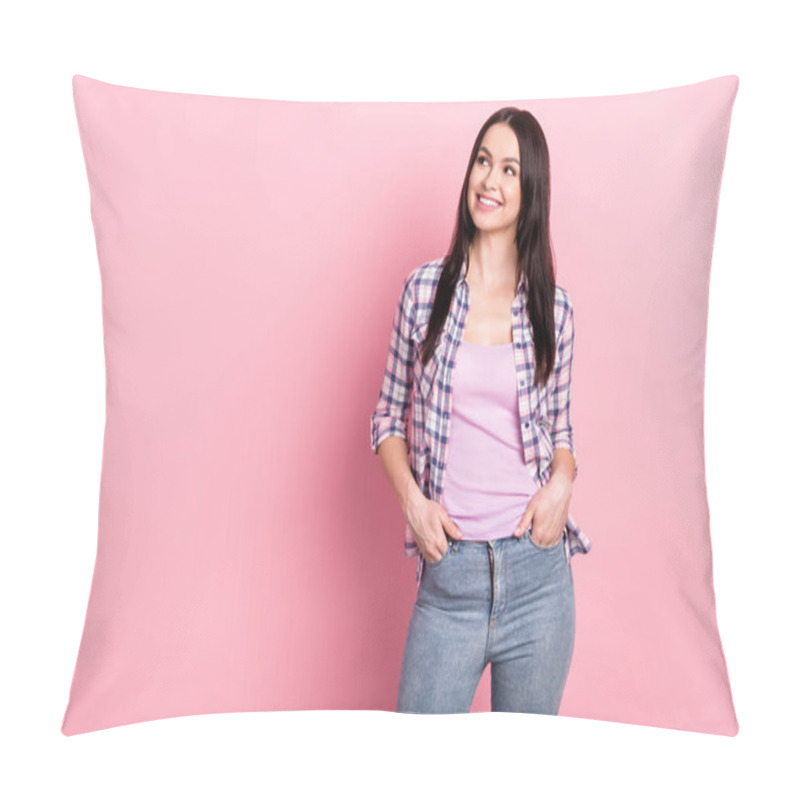 Personality  Portrait Of Lovely Cheerful Girl Creating Strategy Copy Empty Space Ad Isolated Over Pink Pastel Color Background Pillow Covers