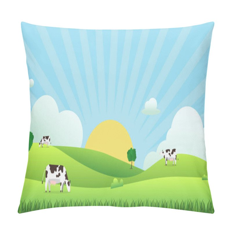 Personality  Meadow Landscape With Cow Eating Grass, Vector Illustration.Green Field And Sky Blue And Sun Shine With White Cloud Background.Beautiful Nature Scene With Sunrise.Cow With Natural Scene. Pillow Covers