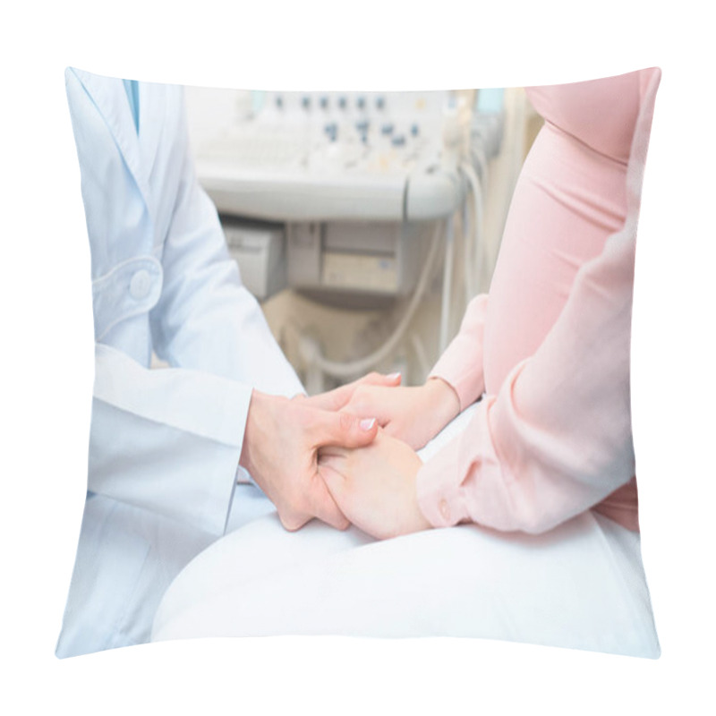 Personality  Cropped Shot Of Obstetrician Gynecologist Holding Hands Of Pregnant Woman Pillow Covers