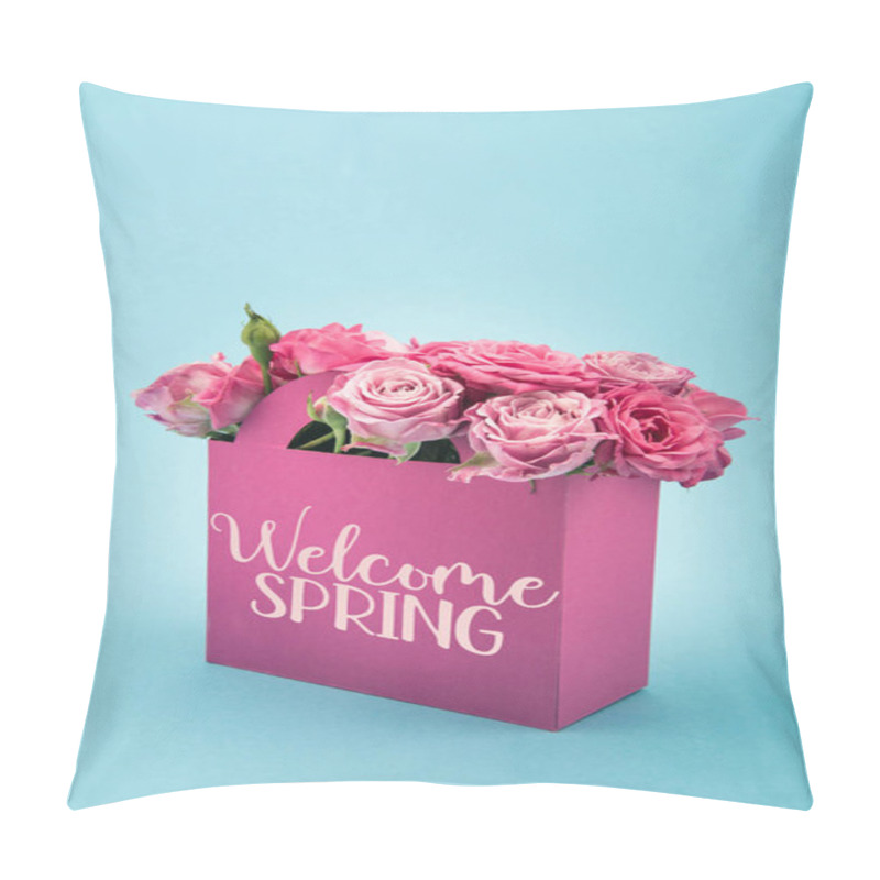 Personality  Close-up View Of Beautiful Blooming Pink Roses In Decorative Paper Bag With WELCOME SPRING Sign Isolated On Blue Pillow Covers