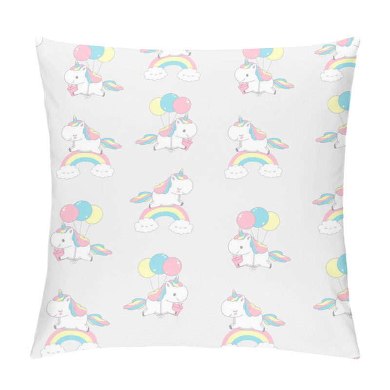 Personality  Unicorn Rainbow Cool Dream Seamless Pattern For Fairy Doodle. Happy Fun Pony Fly On Balloon Abstract. Magic Holiday Fairytale Element Design For Kid Background Flat Cartoon Vector Illustration. Pillow Covers