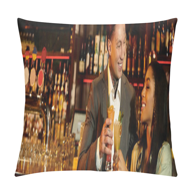 Personality  Young Couple Shares Laughter And Drinks At A Bar, Celebrating Their Special Night Out. Pillow Covers