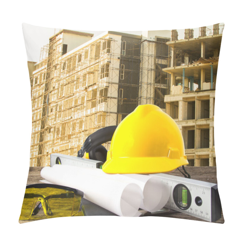 Personality  File Of Safety Helmet And Architect Plant On Wood Table With  Co Pillow Covers