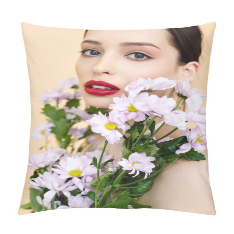 Personality  Beautiful Woman Near Blooming Chrysantemum Flowers Isolated On Beige  Pillow Covers