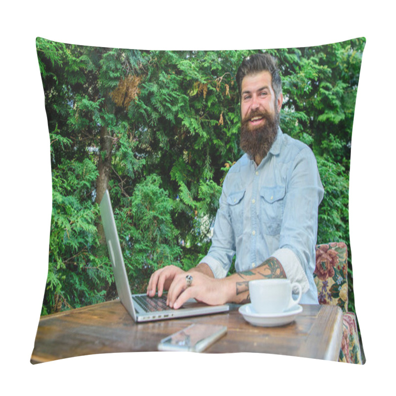 Personality  Create Content For Web Blog. Hipster Freelancer Work Online Blog Notebook. Blogger Create Post While Enjoy Coffee. Man Bearded Businessman Sit Terrace With Laptop And Cup Of Coffee. Freelance Benefit Pillow Covers