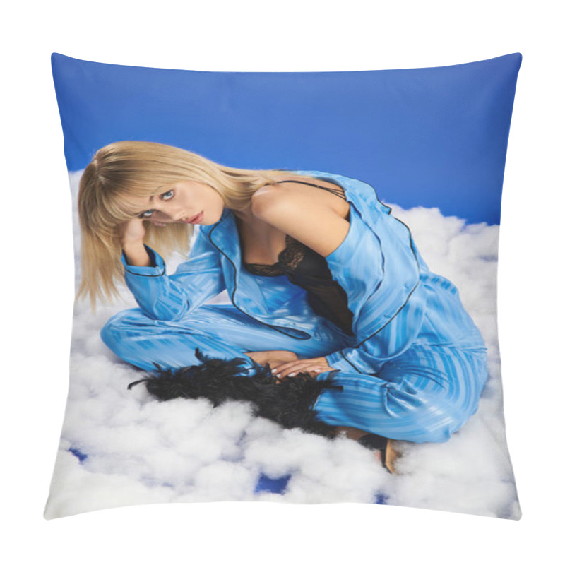 Personality  A Alluring Blonde Woman In Vibrant Attire With Bustier, Sitting Among Fluffy Clouds In A Blue Sky. Pillow Covers