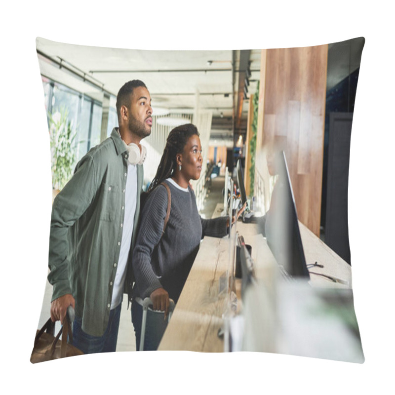 Personality  A Couple Stands Together At The Hotel Reception, Anticipatory Smiles Reflecting Their Vacation Excitement. Pillow Covers