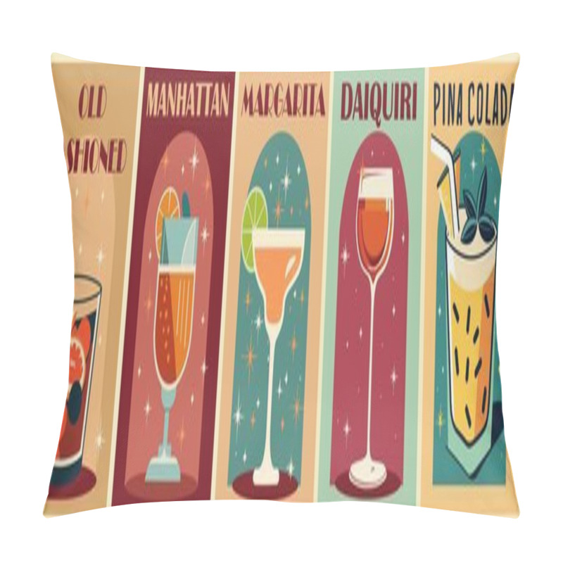 Personality  Cocktails Retro Poster Set. Manhattan, Old Fashioned, Pina Colada, Margarita, Daiquiri. Popular Alcohol Drinks. Vintage Flat Vector Illustrations For Bar Cart, Pub, Restaurant, Kitchen Wall Art Print Pillow Covers