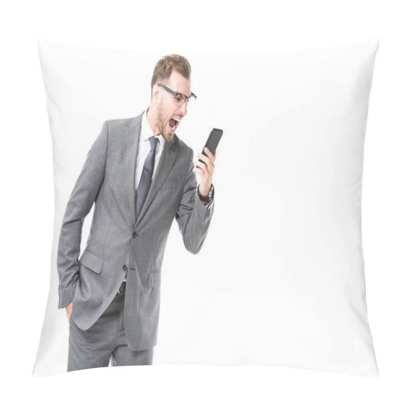 Personality  Angry Adult Businessman Shouting At Smartphone Isolated On White Pillow Covers