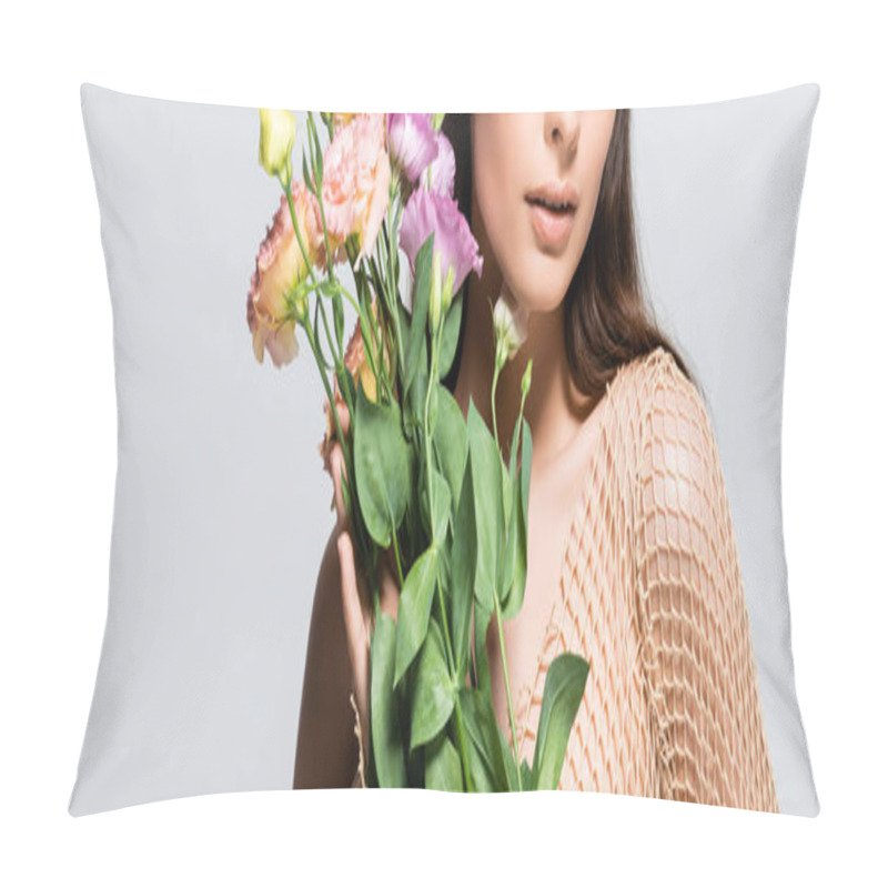 Personality  Cropped View Of Beautiful Young Woman In Beige Mesh Holding Bouquet Of Eustoma Flowers Isolated On Grey Pillow Covers